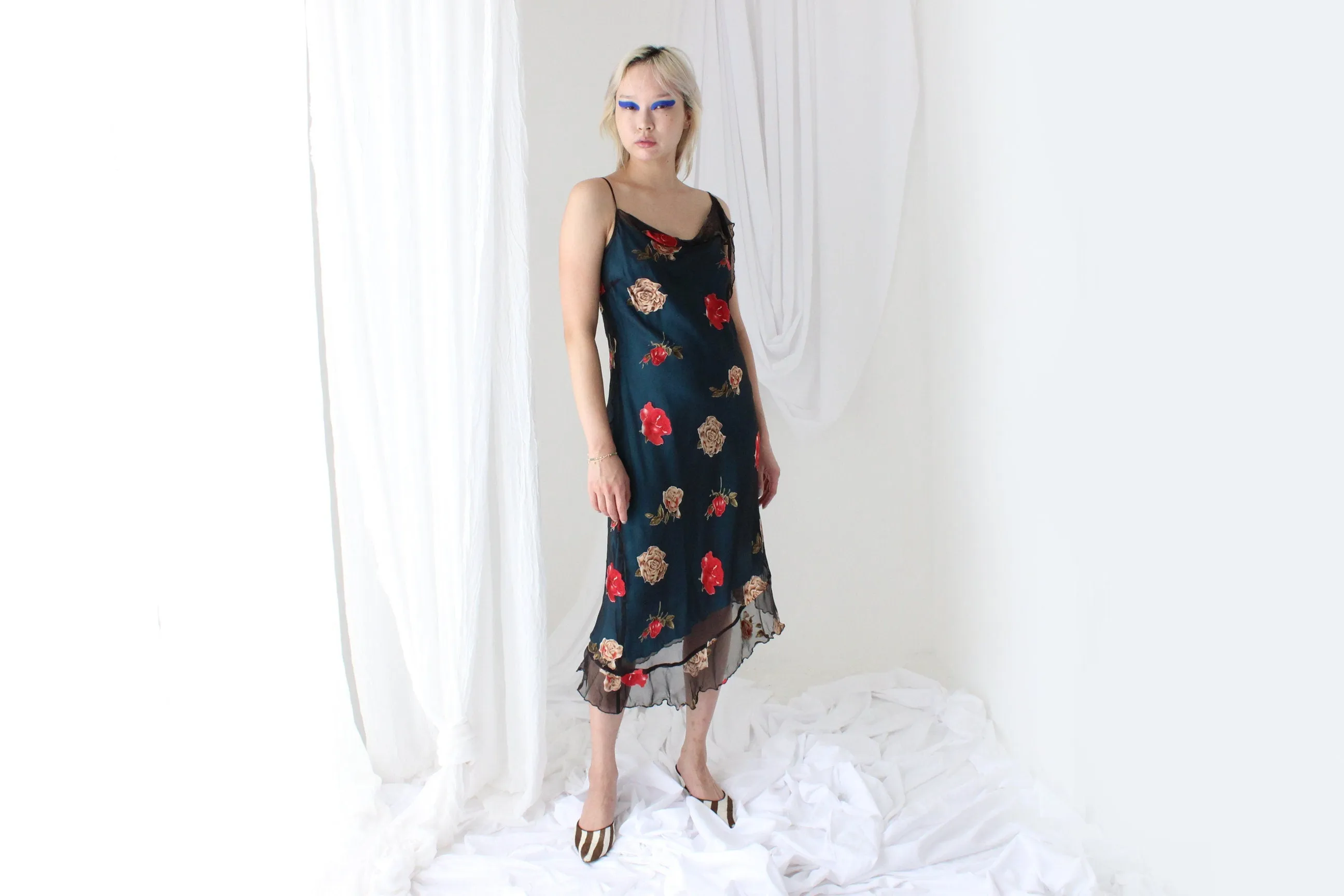 Y2K PURE SILK Asymmetric Slip Dress w/ Satin Roses