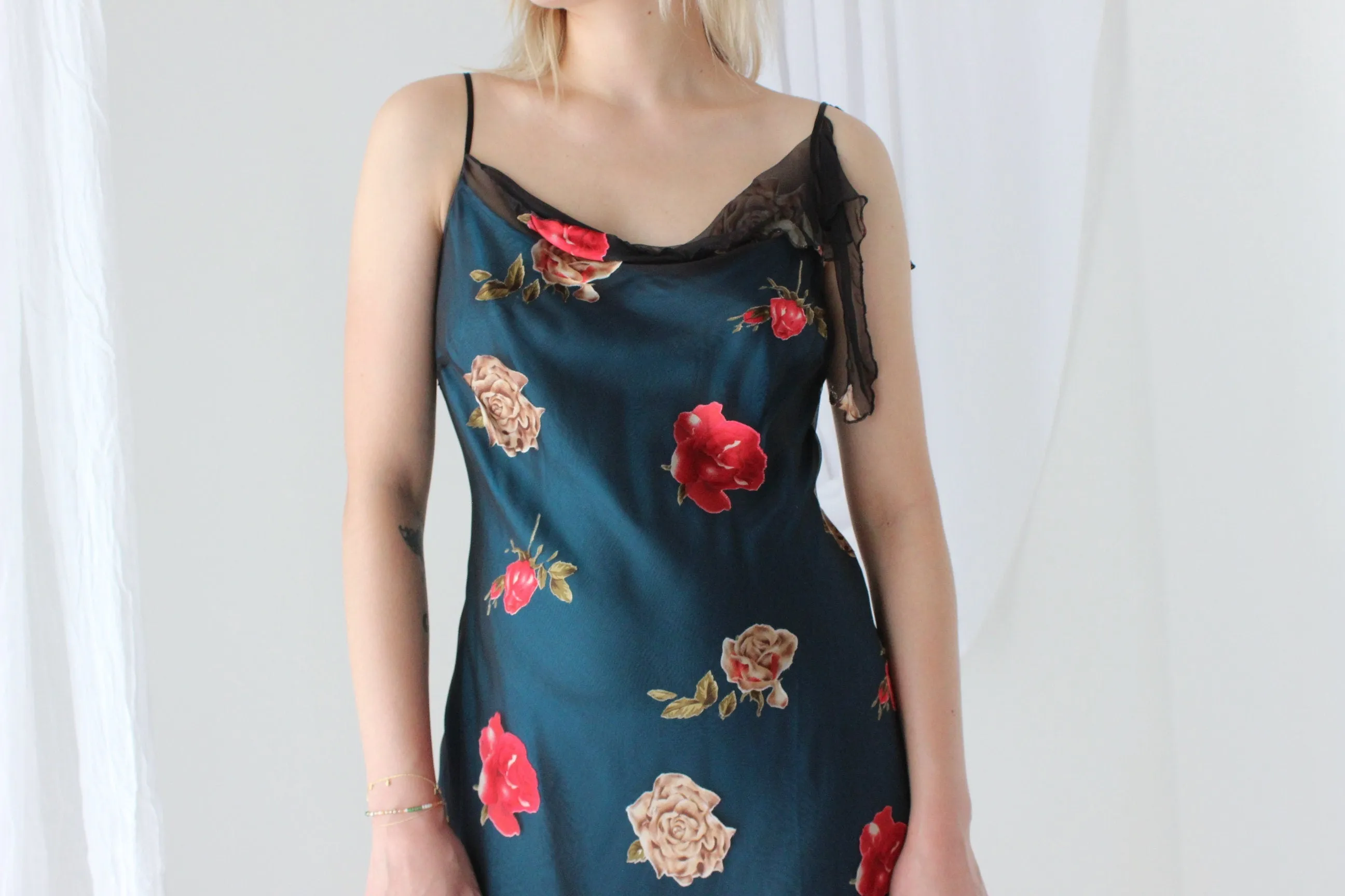 Y2K PURE SILK Asymmetric Slip Dress w/ Satin Roses