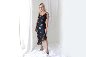 Y2K PURE SILK Asymmetric Slip Dress w/ Satin Roses