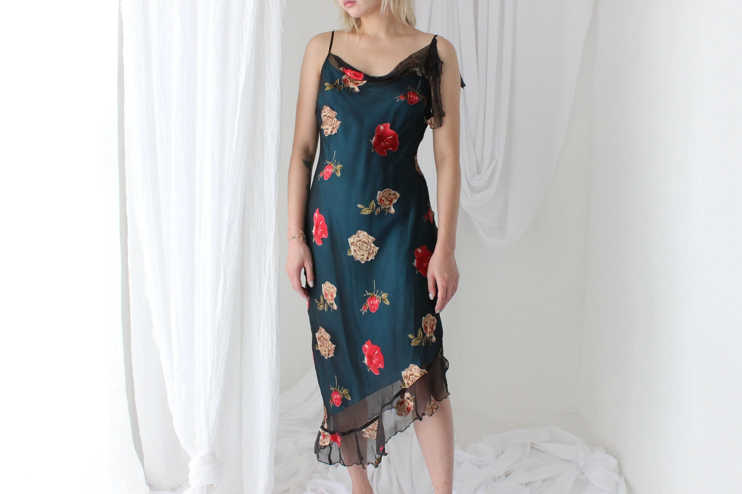 Y2K PURE SILK Asymmetric Slip Dress w/ Satin Roses
