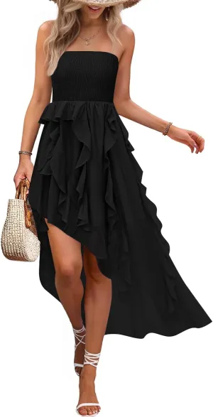 ZESICA Women's 2025 Summer Strapless Mini Dress Off Shoulder Smocked Tiered Irregular Irregular Ruffle Beach Tube Sundress