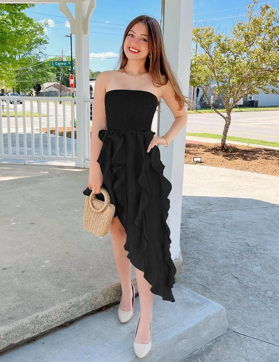 ZESICA Women's 2025 Summer Strapless Mini Dress Off Shoulder Smocked Tiered Irregular Irregular Ruffle Beach Tube Sundress