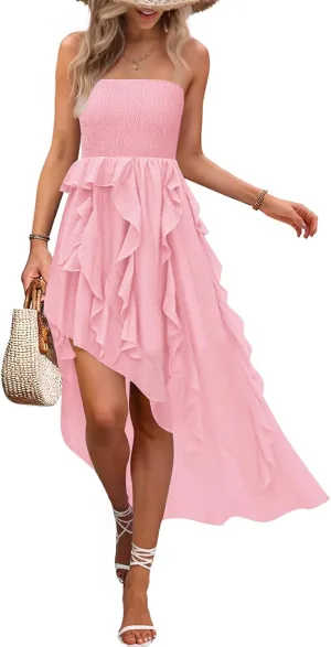 ZESICA Women's 2025 Summer Strapless Mini Dress Off Shoulder Smocked Tiered Irregular Irregular Ruffle Beach Tube Sundress