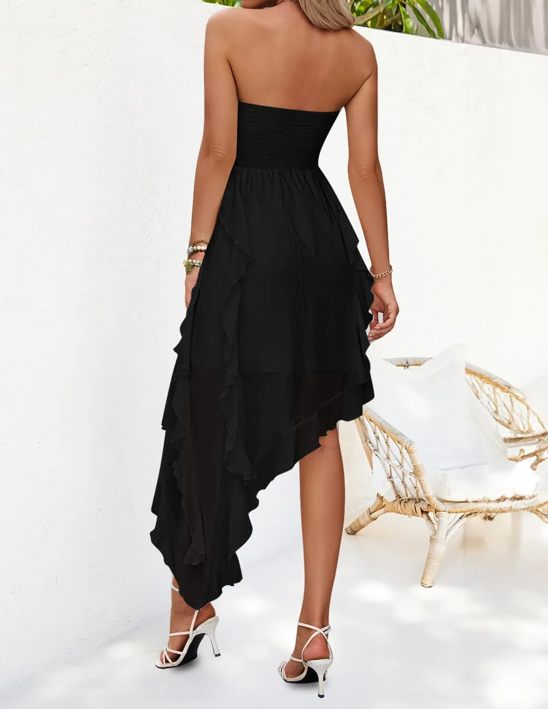 ZESICA Women's 2025 Summer Strapless Mini Dress Off Shoulder Smocked Tiered Irregular Irregular Ruffle Beach Tube Sundress