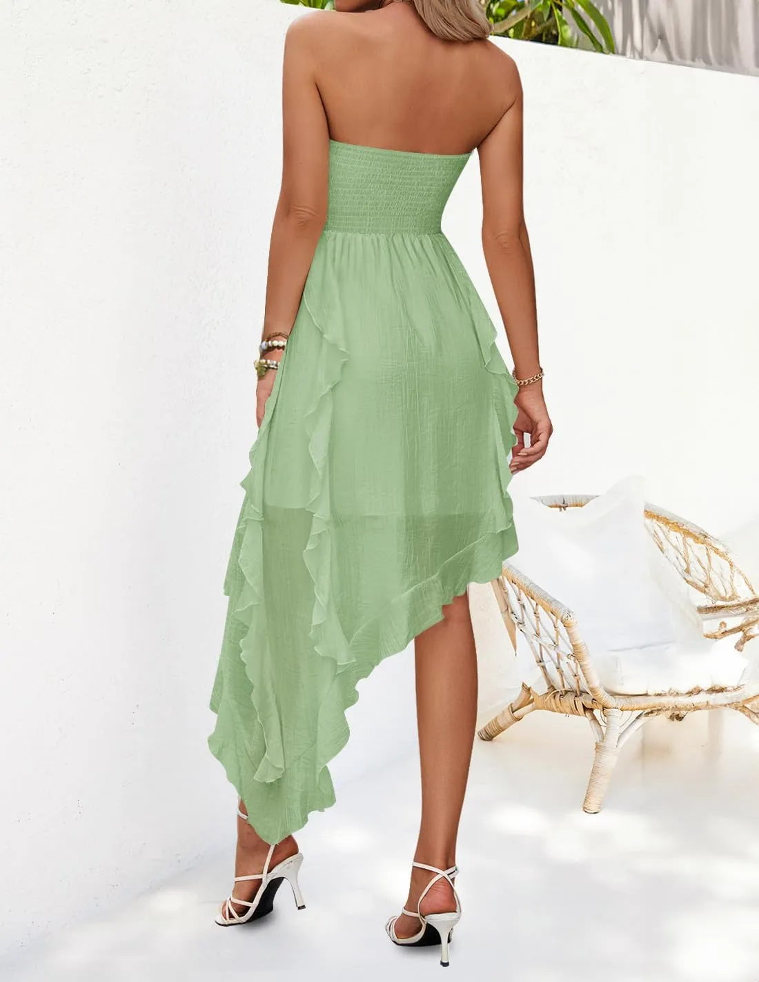 ZESICA Women's 2025 Summer Strapless Mini Dress Off Shoulder Smocked Tiered Irregular Irregular Ruffle Beach Tube Sundress