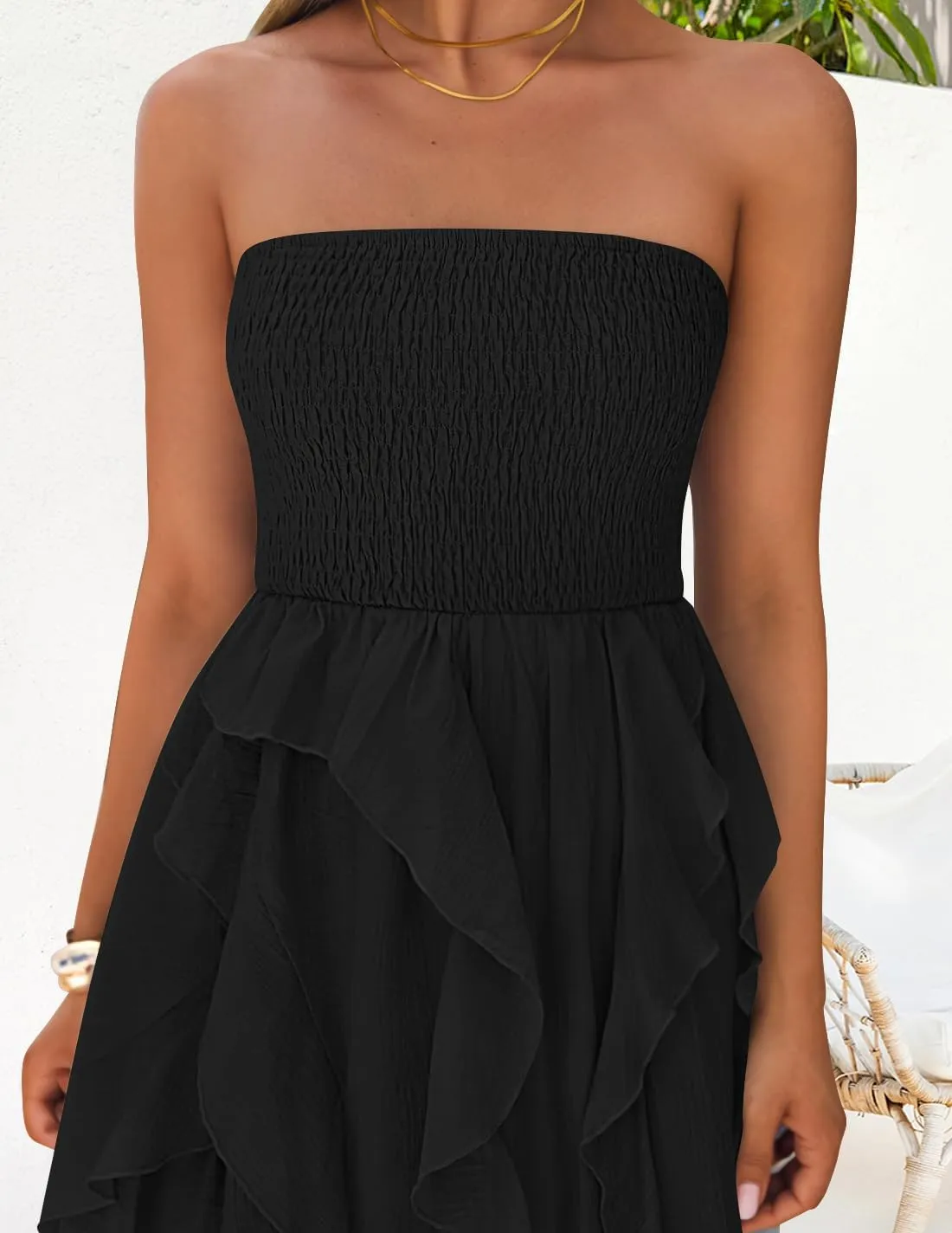 ZESICA Women's 2025 Summer Strapless Mini Dress Off Shoulder Smocked Tiered Irregular Irregular Ruffle Beach Tube Sundress
