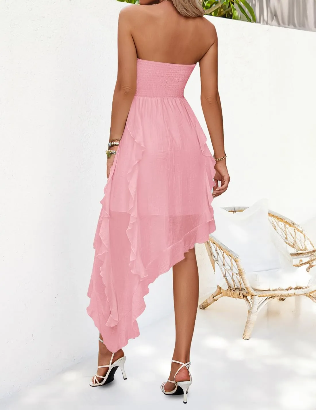 ZESICA Women's 2025 Summer Strapless Mini Dress Off Shoulder Smocked Tiered Irregular Irregular Ruffle Beach Tube Sundress