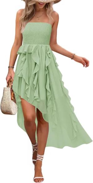 ZESICA Women's 2025 Summer Strapless Mini Dress Off Shoulder Smocked Tiered Irregular Irregular Ruffle Beach Tube Sundress