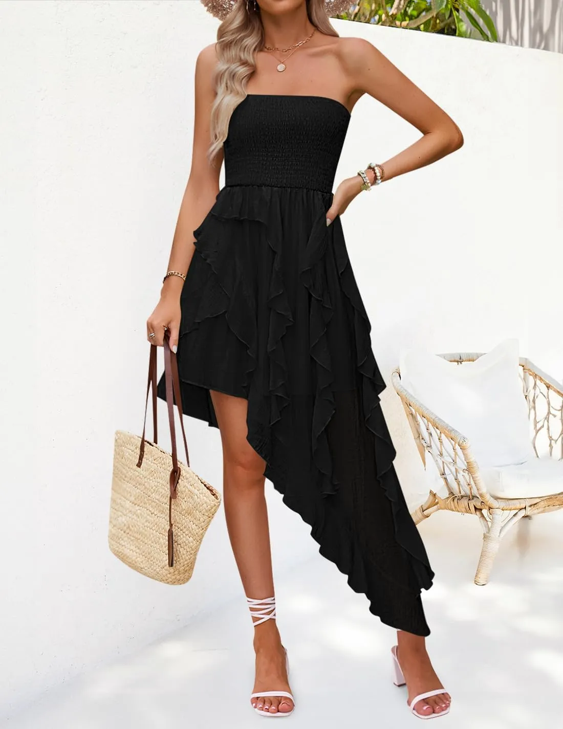 ZESICA Women's 2025 Summer Strapless Mini Dress Off Shoulder Smocked Tiered Irregular Irregular Ruffle Beach Tube Sundress