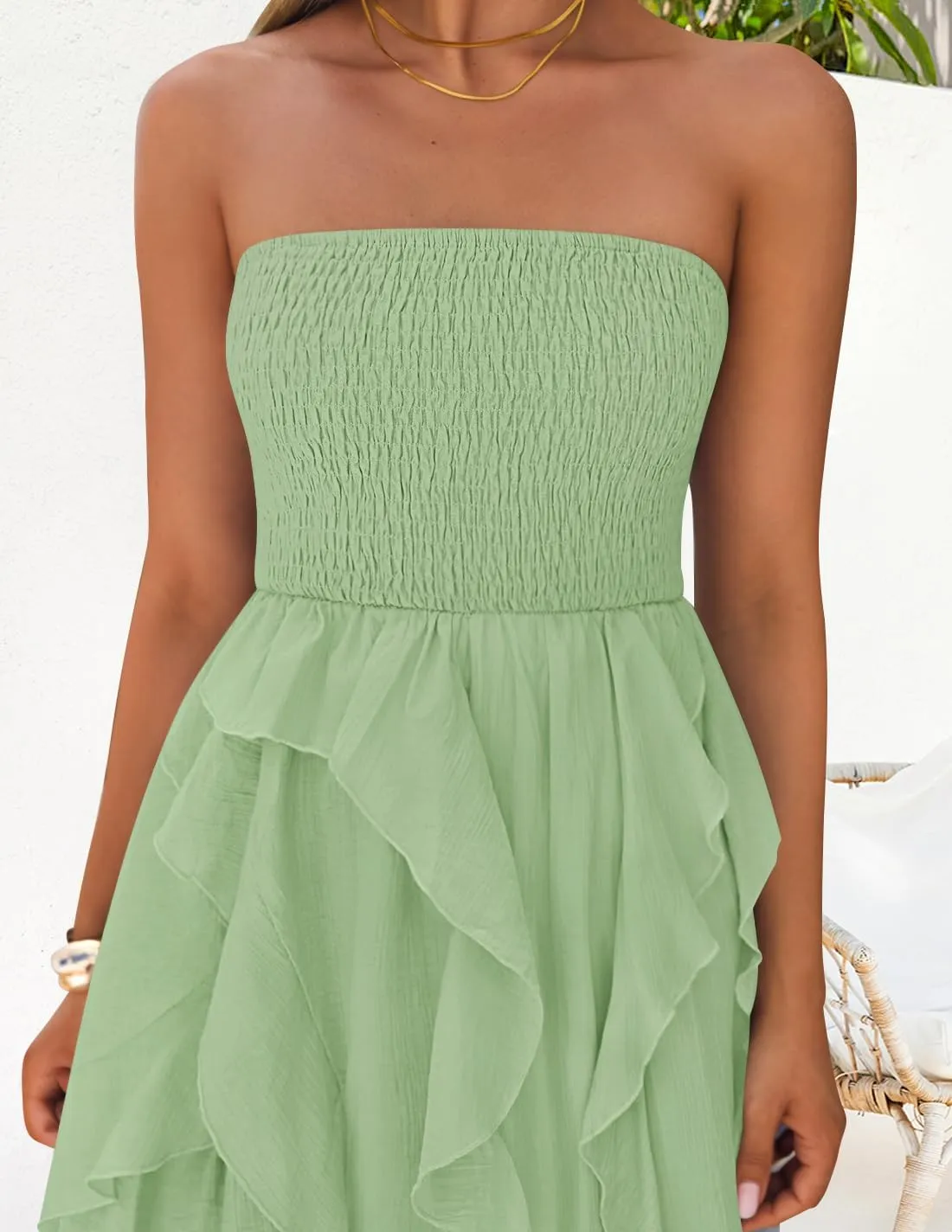 ZESICA Women's 2025 Summer Strapless Mini Dress Off Shoulder Smocked Tiered Irregular Irregular Ruffle Beach Tube Sundress