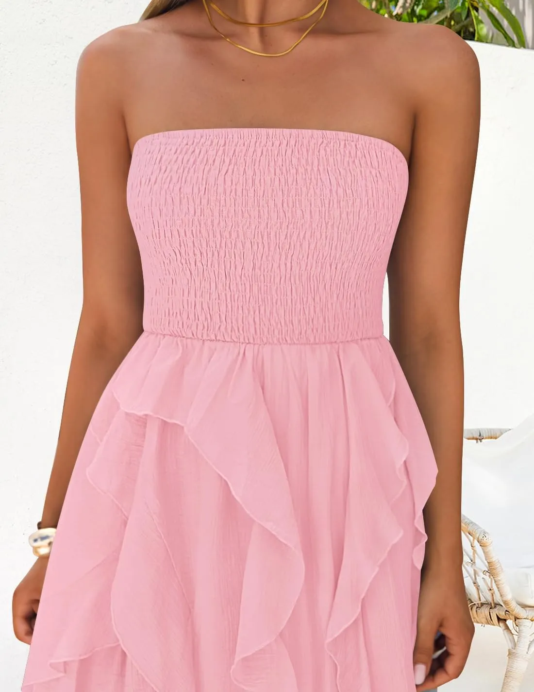 ZESICA Women's 2025 Summer Strapless Mini Dress Off Shoulder Smocked Tiered Irregular Irregular Ruffle Beach Tube Sundress