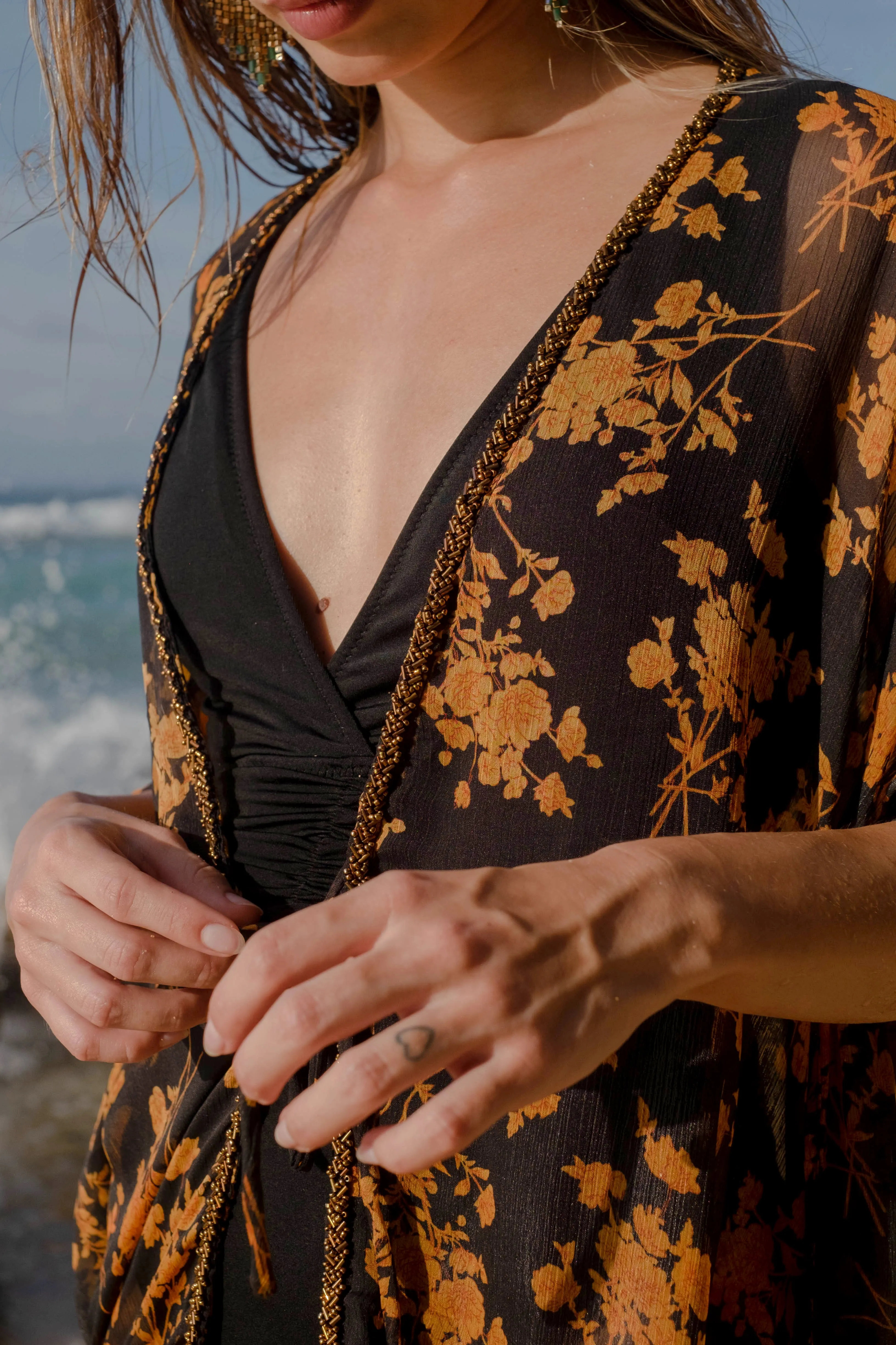 Zinnia Black & Bronze Floral Women's Beach Kaftan
