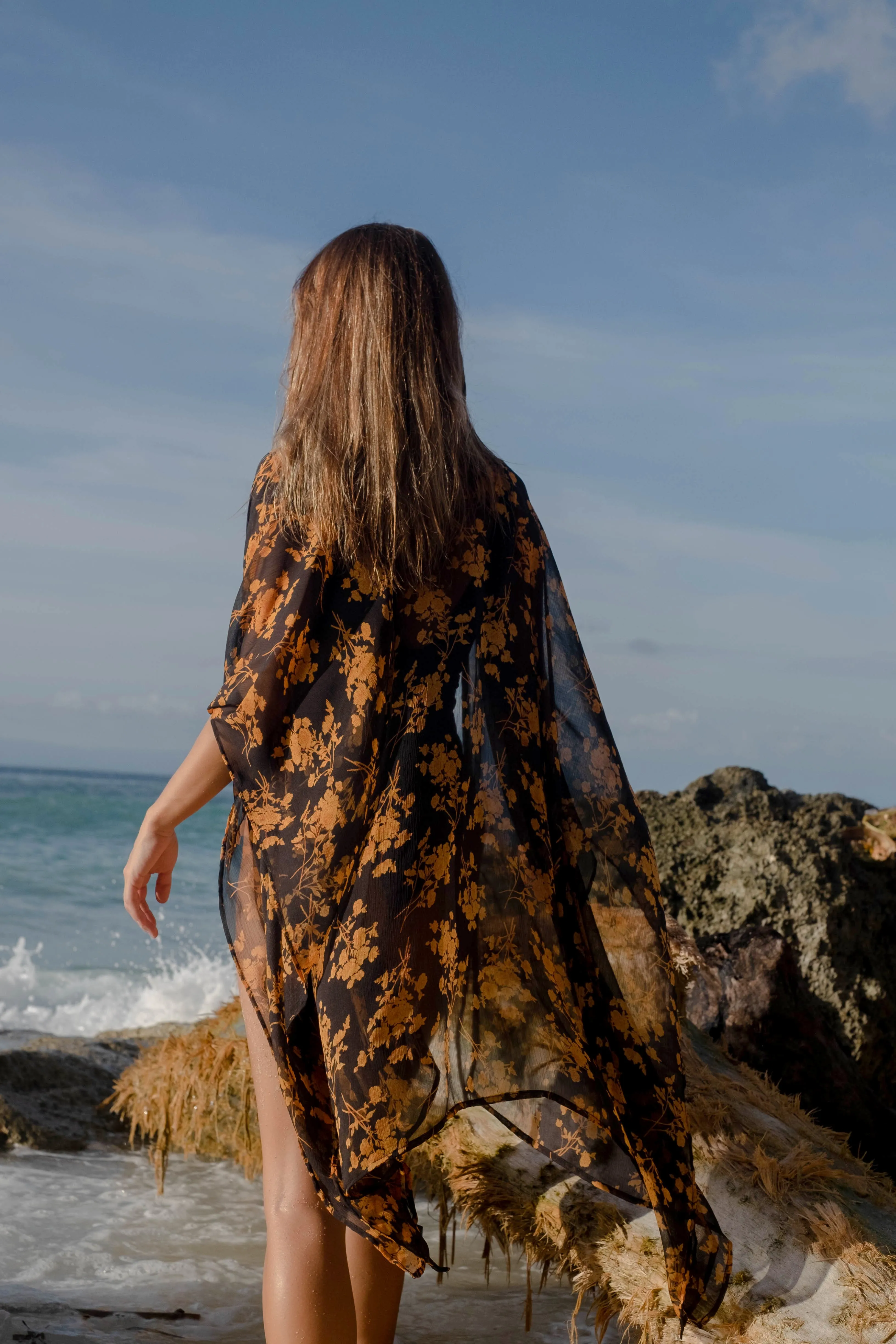Zinnia Black & Bronze Floral Women's Beach Kaftan