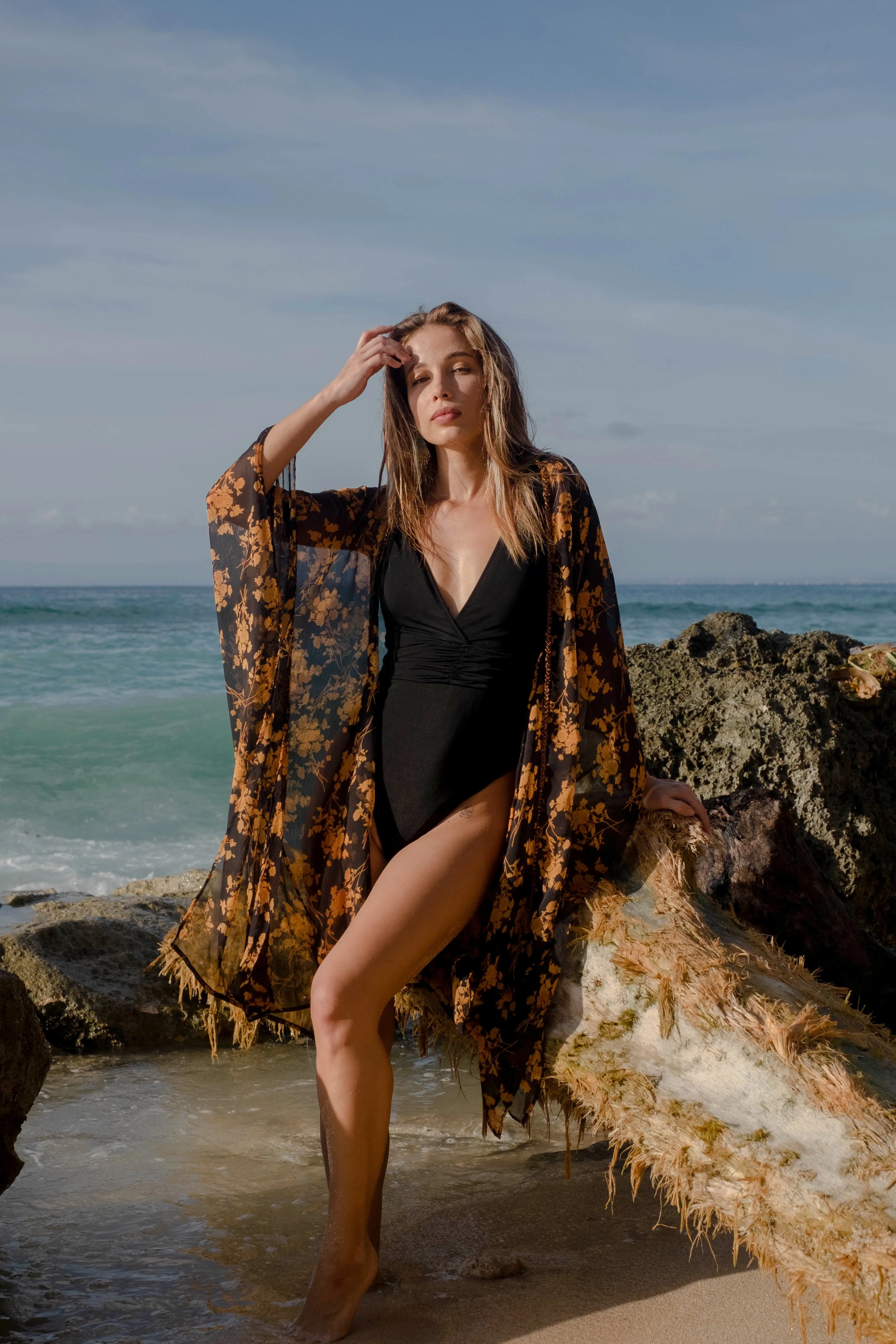 Zinnia Black & Bronze Floral Women's Beach Kaftan